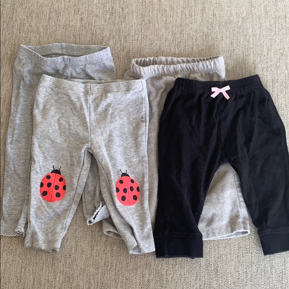 4 pants 6, 6-9, 9 months grey and black